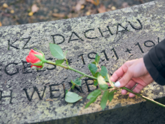 Schülerin legt eine Rose an Kriegsgräberstätte ab