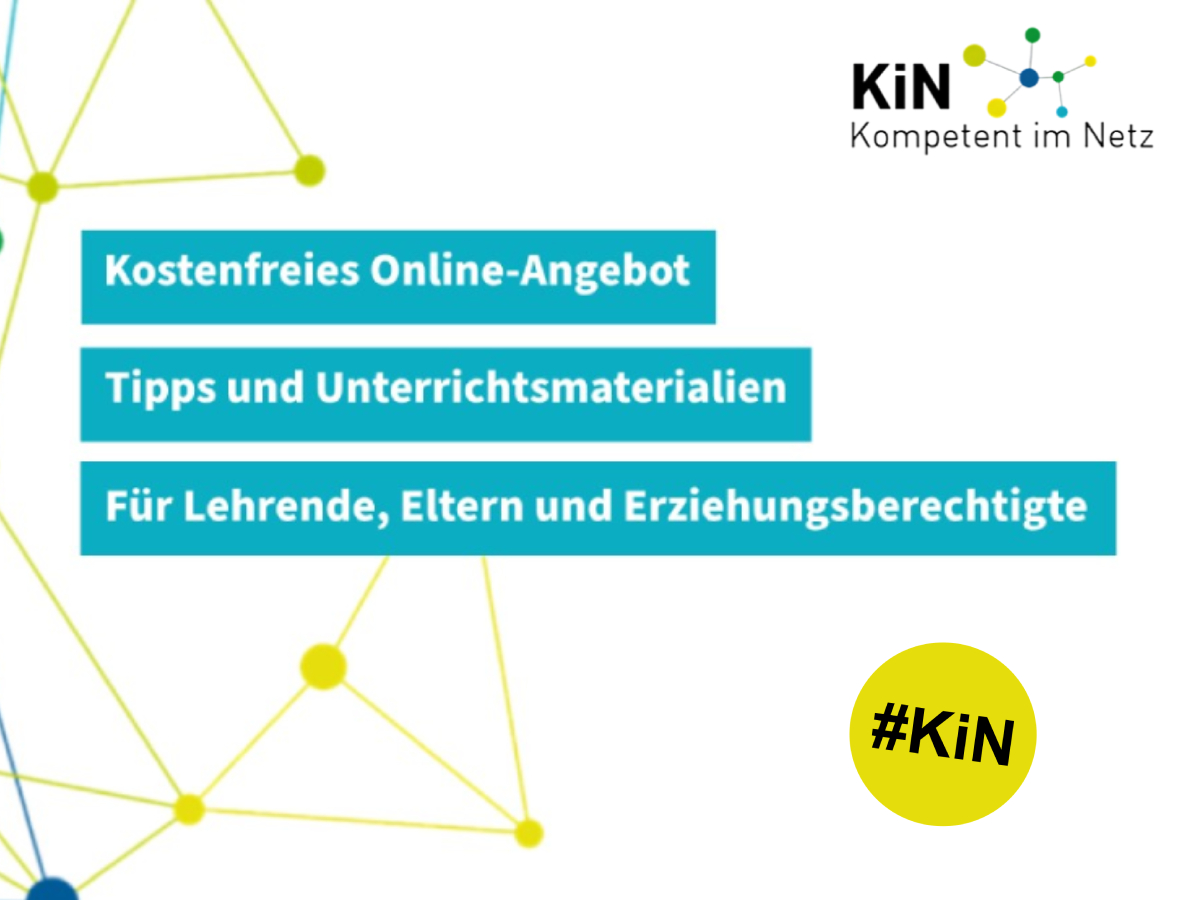 KiN-Logo und Hinweis auf kostenfreies Online-Angebot für Lehrende, Eltern und Erziehungsberechtigte..