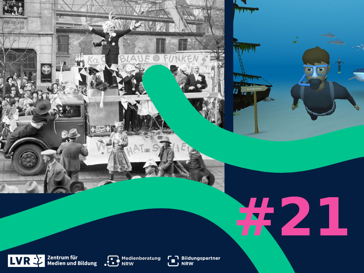 Karnevalsumzug und Taucher in virtueller Realität sowie Logos LVR-ZMB, Bildungspartner NRW und Medienberatung NRW. #21 Newsletter.