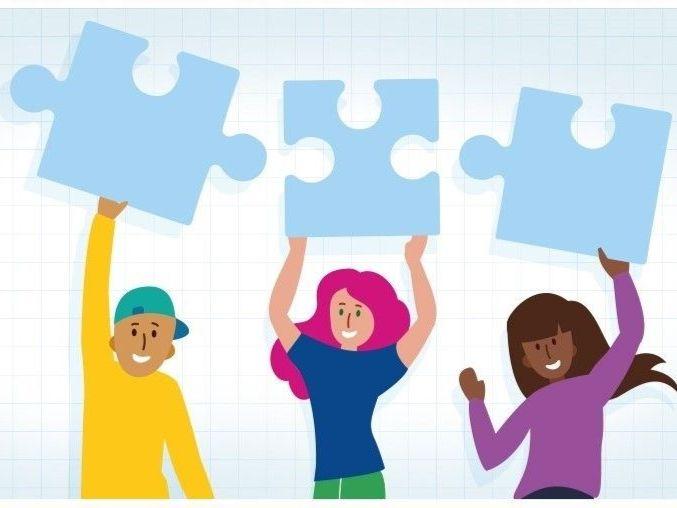 Grafik mit drei springenden Personen, halten jeweils ein Puzzleteil in der Hand. Grafik mit drei springenden Personen, halten jeweils ein Puzzleteil in der Hand.